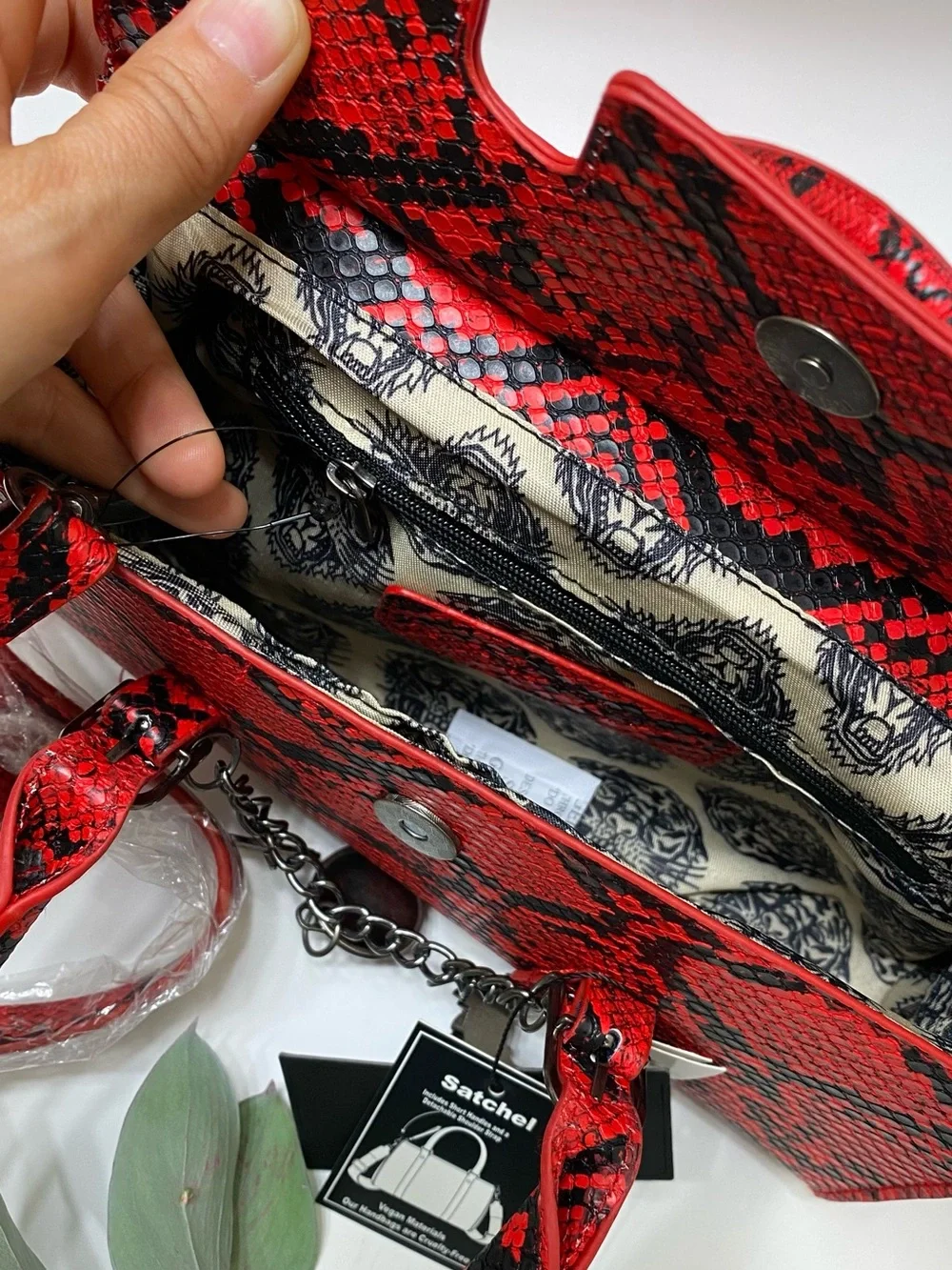 Ed Hardy Red and Black Snake-Print Top Handle Satchel